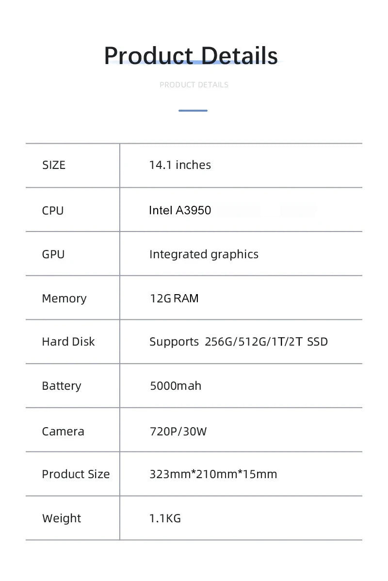 2026 14.1 Inch Notebook Computer Intel A3950 Ultra Slim Laptop 12GB RAM 512GB 1TB 2TB SSD Windows 11 Portable PC 4K Office Study