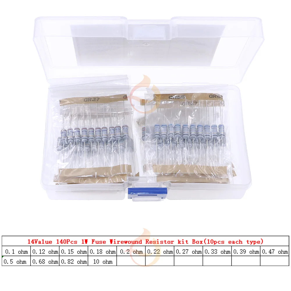 1/2W 1W Fuse Wirewound Resistor Mix kit Box 5color ring 0.1ohm 0.12R 0.15R 0.2R 0.33R 0.39R 0.47R 10ohm 22R 33R 47R 51R 82R 100R