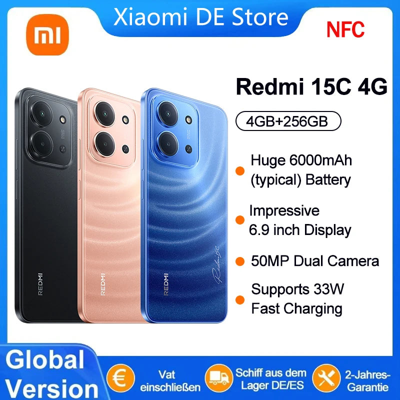 【Brand+】Global Version Redmi 15C 4G Mobile Phone 50MP AI Dual Camera 6000mAh 33W Fast Charging Cellphone Smartphone