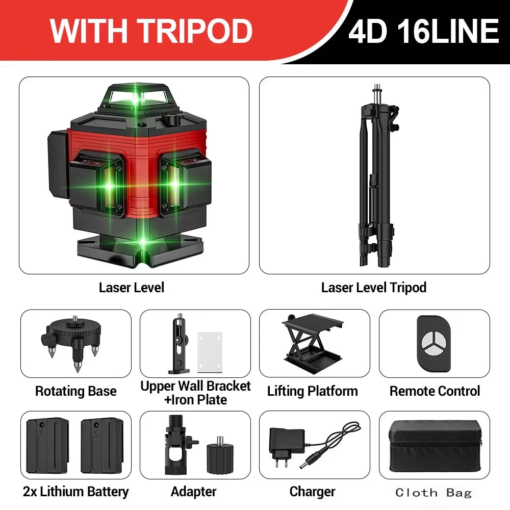 16 Lines 4D Laser Level Green Line SelfLeveling 360 Horizontal & Vertical power Laser level Professional Construction Tools