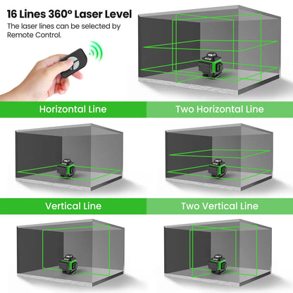 16 Lines 4D Laser Level Green Line SelfLeveling 360 Horizontal & Vertical power Laser level Professional Construction Tools