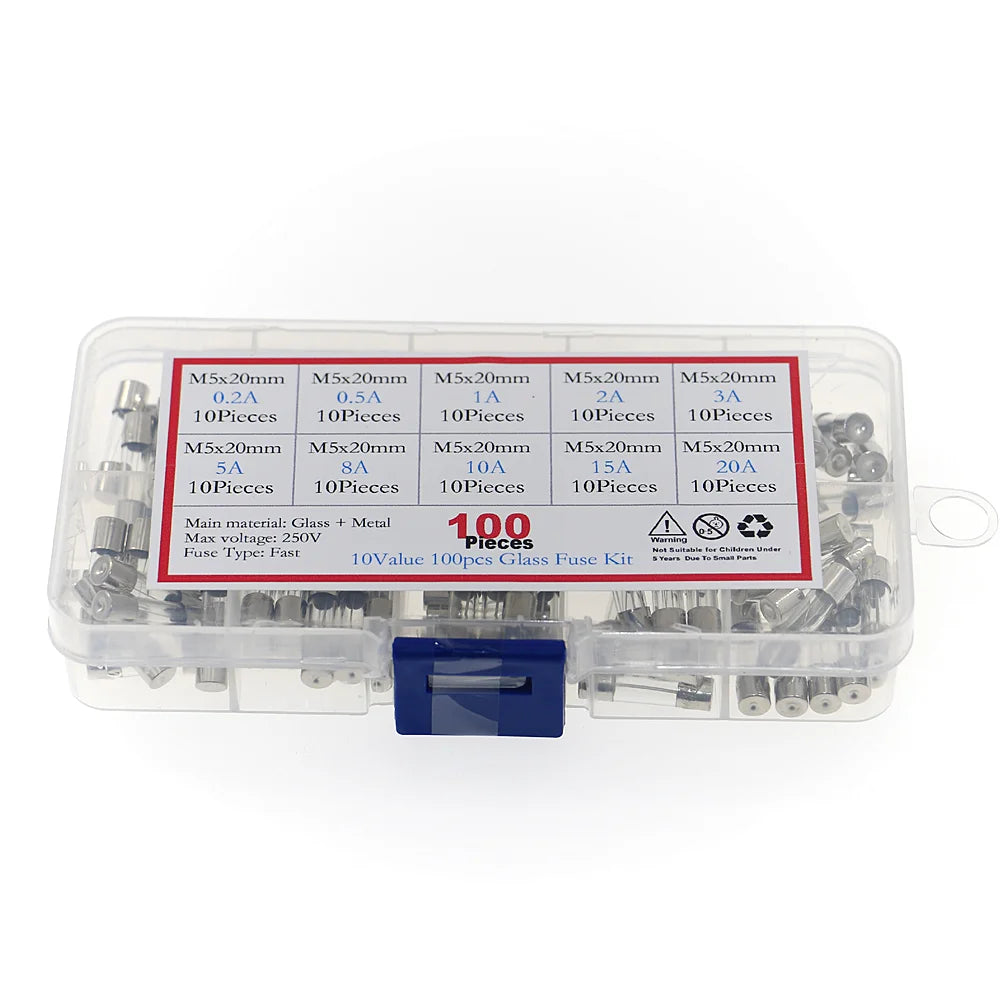 100Pcs/Box 5x20mm Fast-blow Glass Fuse Assorted Kit 0.2A 0.5A 1A 2A 3A 5A 8A 10A 15A 20A Amp Fuses Electrical Fuse Tube Mix Set