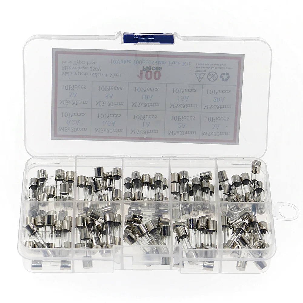 100Pcs/Box 5x20mm Fast-blow Glass Fuse Assorted Kit 0.2A 0.5A 1A 2A 3A 5A 8A 10A 15A 20A Amp Fuses Electrical Fuse Tube Mix Set