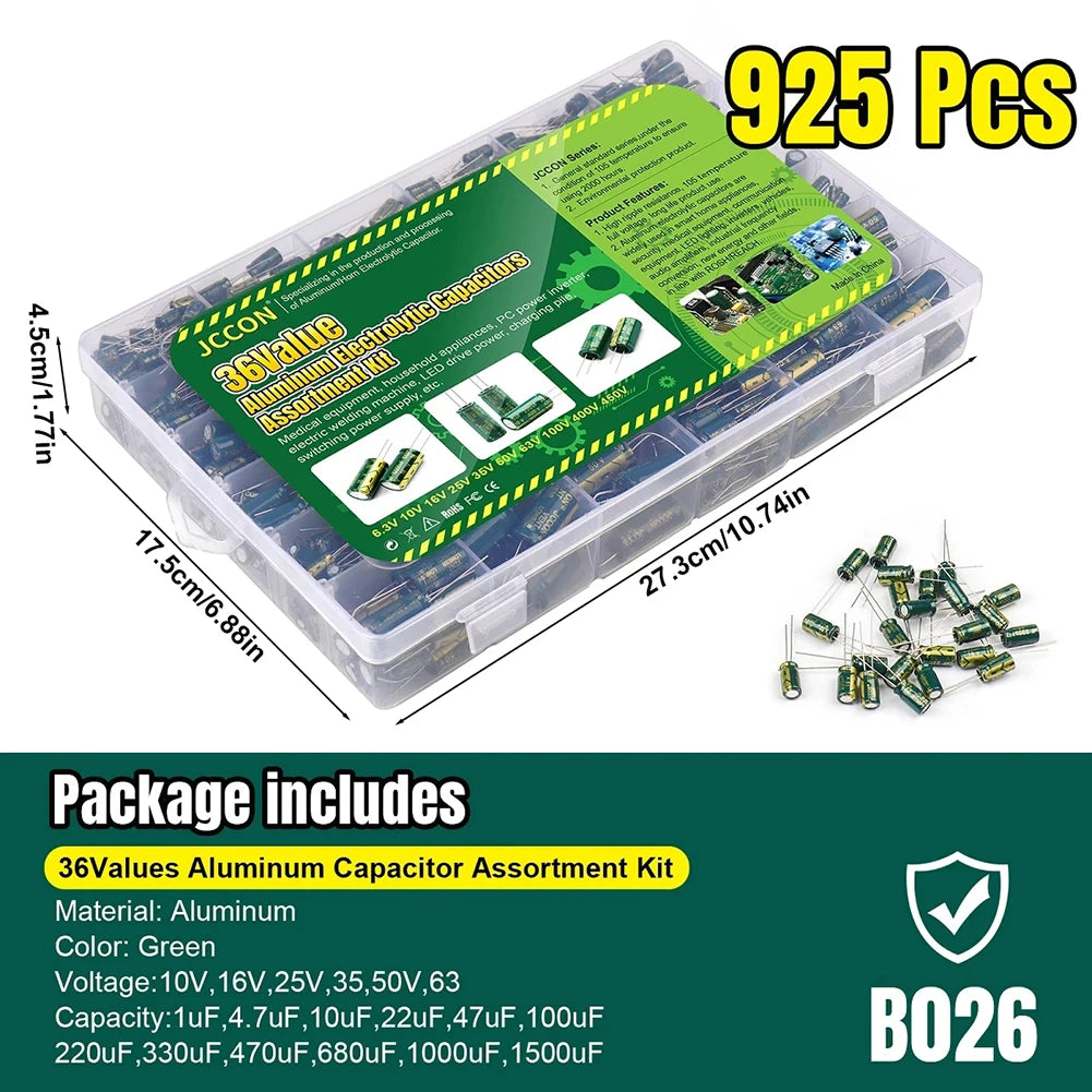 15/24/36 Values 225/460/925Pcs Aluminum Capacitors Set 16V-50V Aluminum Electrolytic Capacitors Assortment Kit for DIY Projects