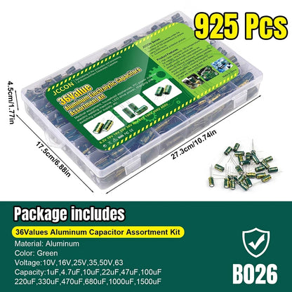 15/24/36 Values 225/460/925Pcs Aluminum Capacitors Set 16V-50V Aluminum Electrolytic Capacitors Assortment Kit for DIY Projects