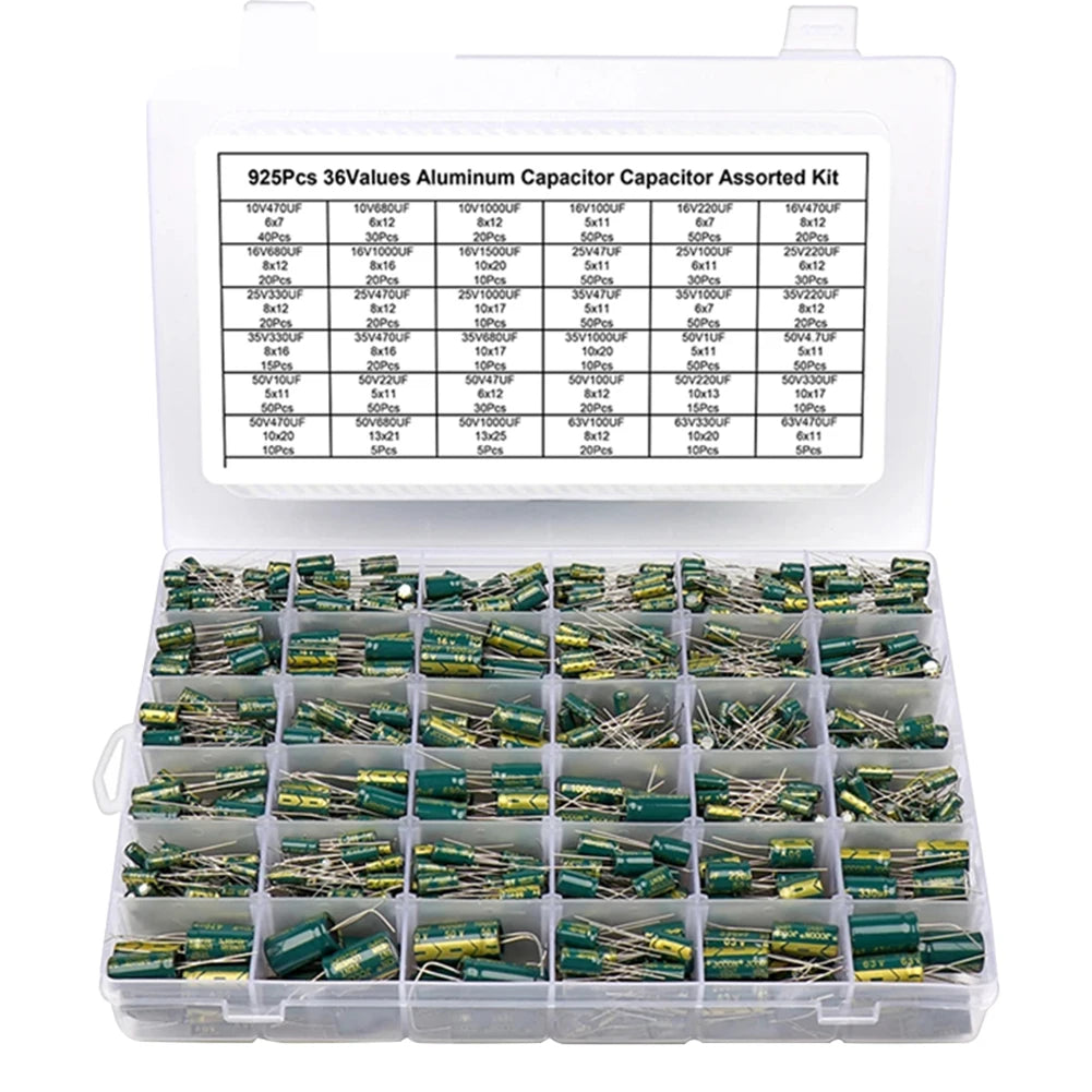 15/24/36 Values 225/460/925Pcs Aluminum Electrolytic Capacitors 16V-50V Electrolytic Capacitor Assortment Kit with Storage Box