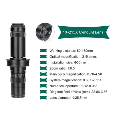 130X 150X 180X 215X zoom C Mount Lens Magnification Adjustable 0.7X~4.5X Optical Zoom Lens For HDMI USB Microscope Camera