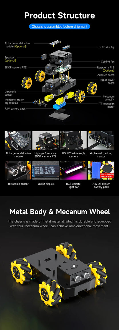 Yahboom Raspbot V2 AI Large Model Robot Car Kit with Camera Mecanum Wheel Toy Educational Python Programming for Raspberry Pi 5