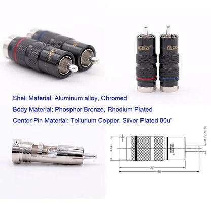 1 pair EIZZ 24K Gold/Thick Silver/Rhodium Plated Brass Male RCA Coaxial Plug Tellurium Copper Pin Hi-Fi Audio AMP CD DVD