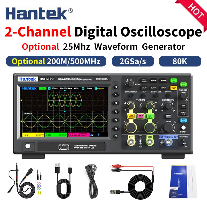 【Hantek Official Genuine】Digital oscilloscope DSO2C20/2C35/2C50/2D20/2D35/2D205 200/350/500MHz 2Gsa/s 2-Ch desktop oscilloscope