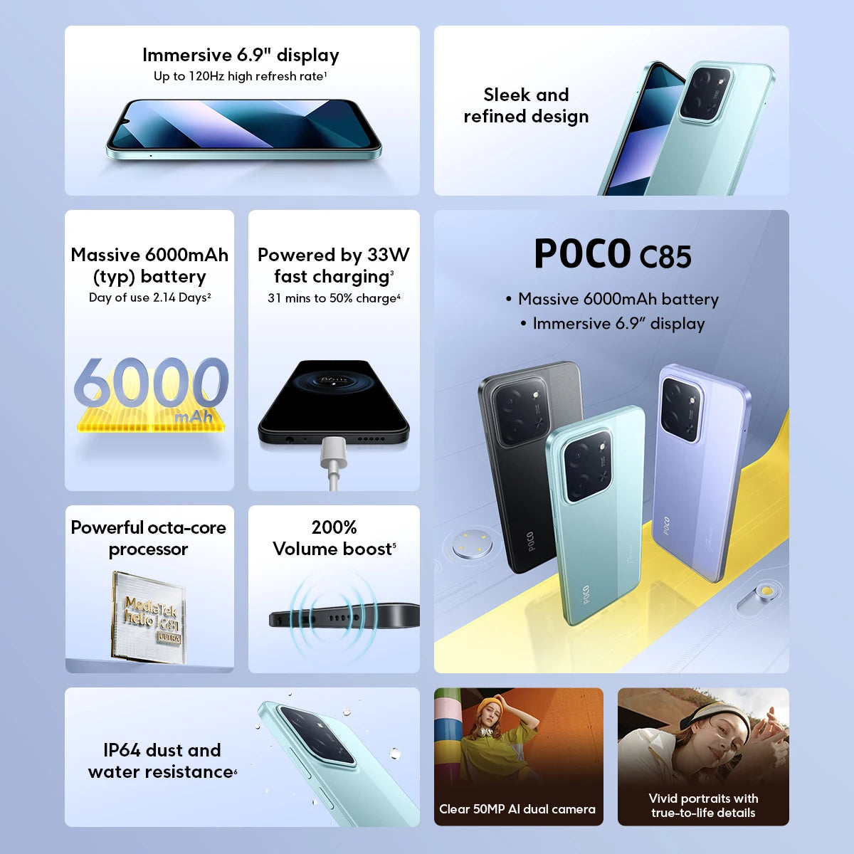 【World Premiere】POCO C85 Global Version Smartphone 128/256GB Helio G81-Ultra 6000mAh battery 6.9" display 50MP Camera 33W NFC