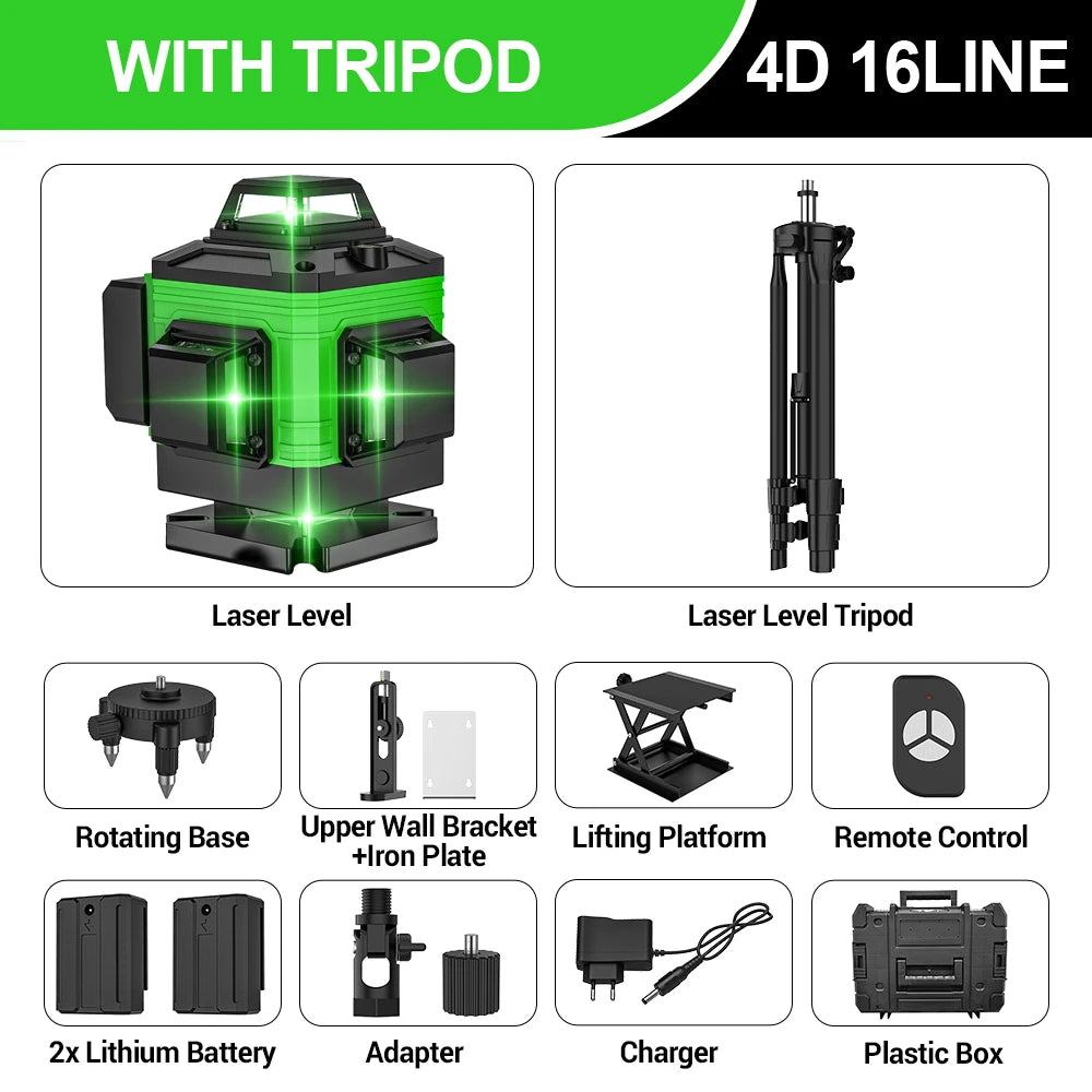 16 Lines 4D Laser Level Green Line SelfLeveling 360 Horizontal & Vertical power Laser level Professional Construction Tools