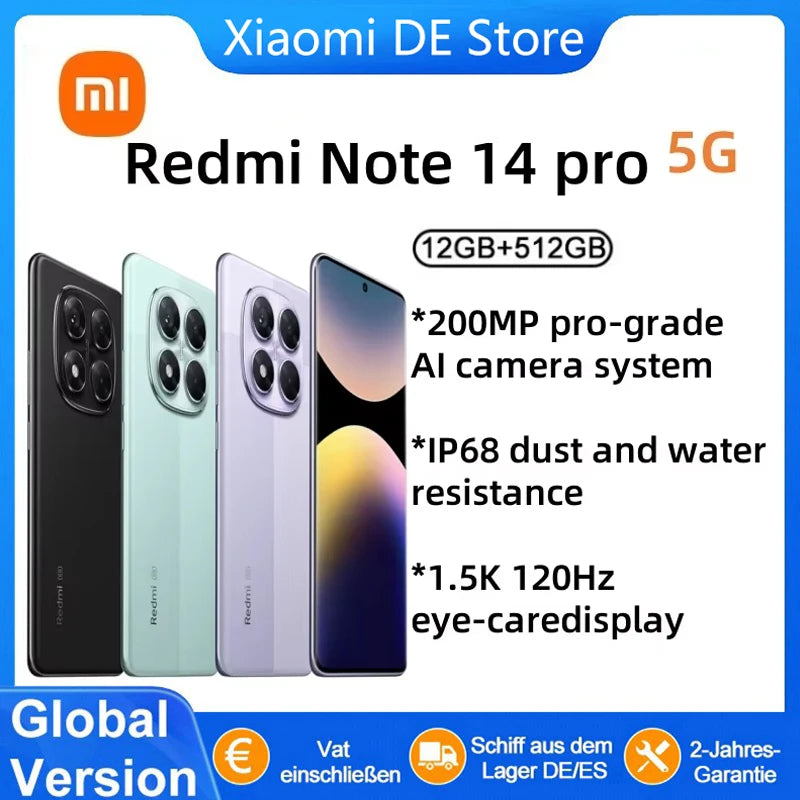 【Brand+】Xiaomi Redmi Note 14 Pro 5G Smartphone MediaTek Dimensity 7300-Ultra 200MP AI camera NFC 6.67