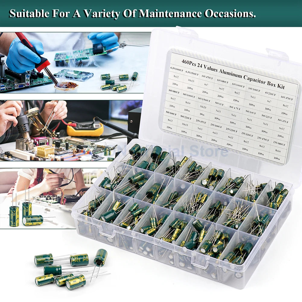 15/24/36 Values 225/460/925Pcs Aluminum Electrolytic Capacitors 16V-50V Electrolytic Capacitor Assortment Kit with Storage Box