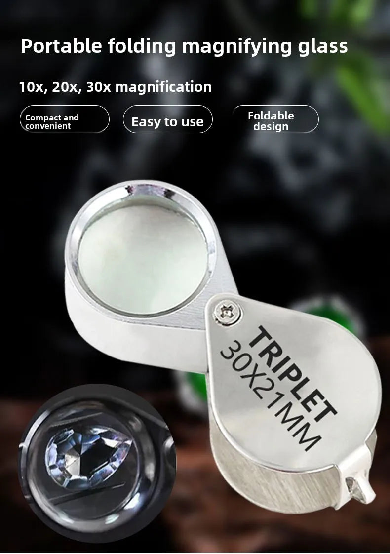 10-30X Pocket Loupe Magnifier Jewelry Magnifying Glass Foldable Diamond Lupa Triplet Jewelers Eye Glass Tool Reading Magnifiers
