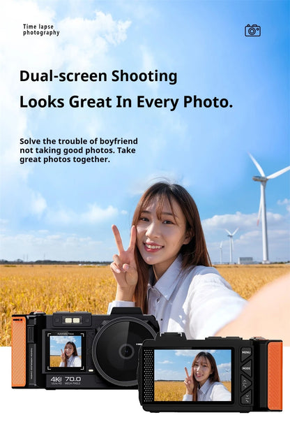 100D Dual-screen WIFI Monocular Camera 4K UHD 70MP Digital SLR Camera with Filters Flash Wide-Angle Lens 50X Zoom Auto Focus