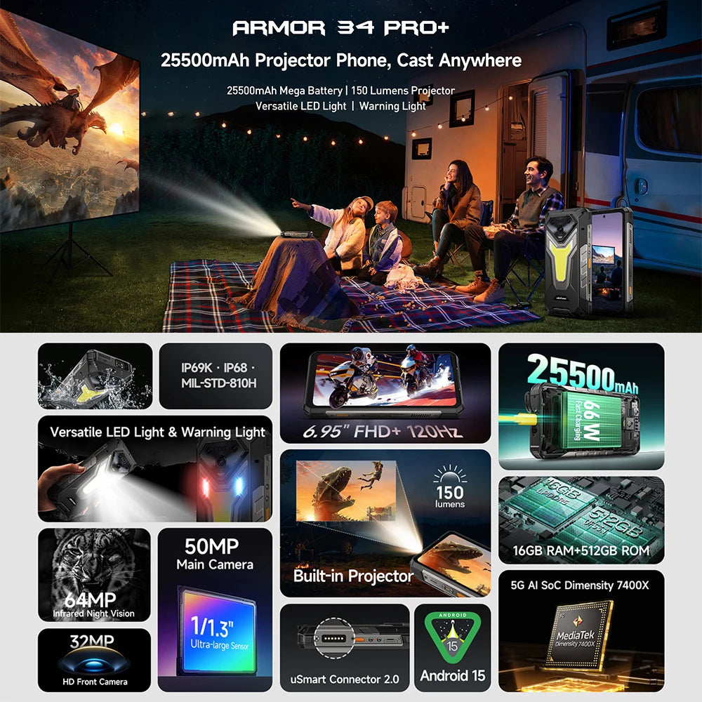 【World Premiere】Ulefone Armor 34 Pro 5G AI Rugged Phone 25500mAh Up to 32GB+512GB Built-in Projector 120Hz 6.95