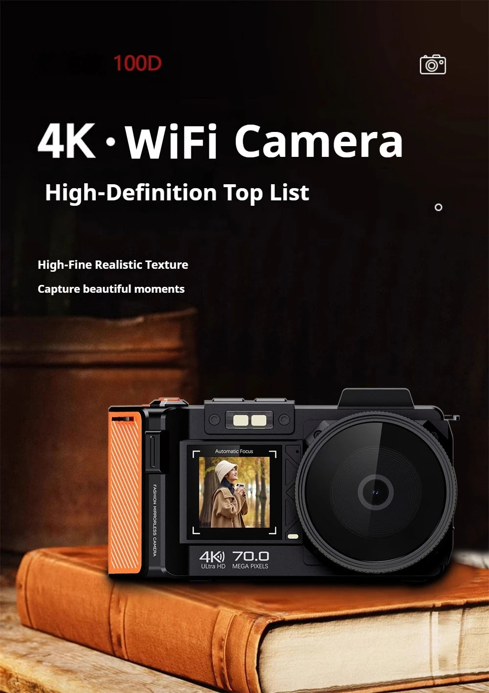 100D Dual-screen WIFI Monocular Camera 4K UHD 70MP Digital SLR Camera with Filters Flash Wide-Angle Lens 50X Zoom Auto Focus