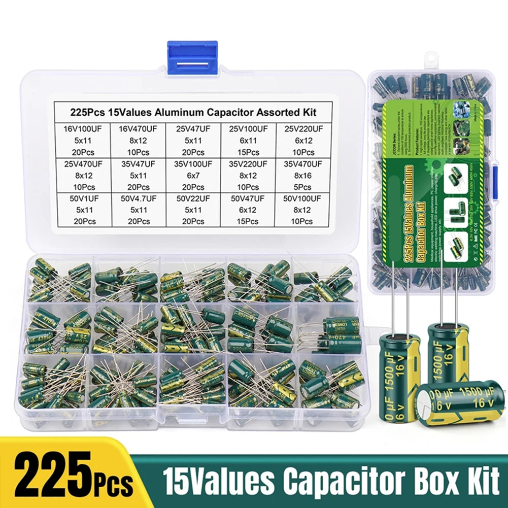 15/24/36 Values 225/460/925Pcs Aluminum Capacitors Set 16V-50V Aluminum Electrolytic Capacitors Assortment Kit for DIY Projects