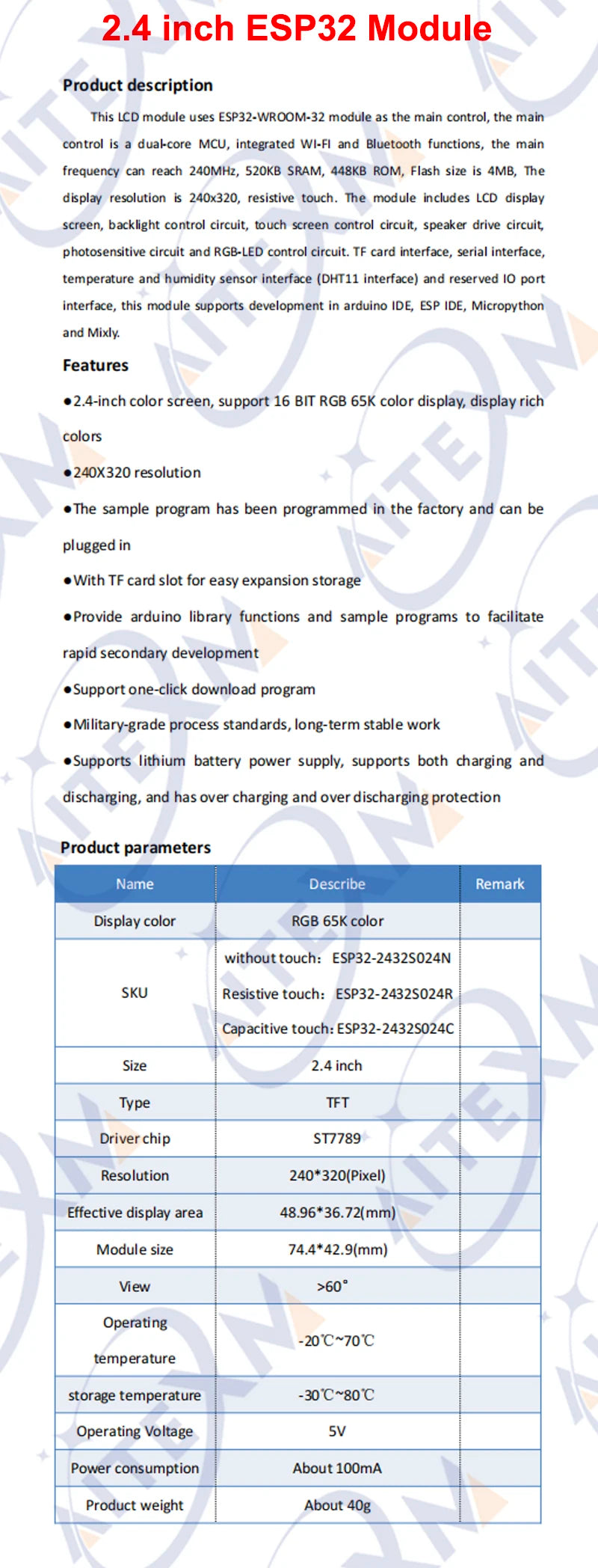 2.4“ ESP32 Arduino LVGL WIFI&Bluetooth Development Board 2.4 inch 240*320 Smart Display Screen 2.4inch LCD TFT Module