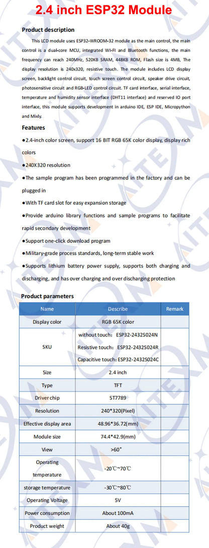 2.4“ ESP32 Arduino LVGL WIFI&Bluetooth Development Board 2.4 inch 240*320 Smart Display Screen 2.4inch LCD TFT Module