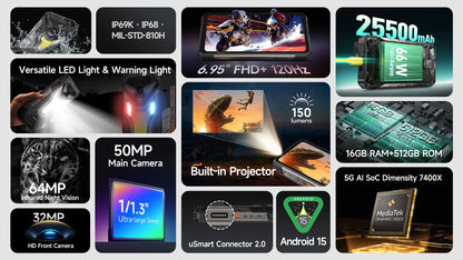 【World Premiere】Ulefone Armor 34 Pro 5G AI Rugged Phone 25500mAh Up to 32GB+512GB Built-in Projector 120Hz 6.95" NFC Smartphone