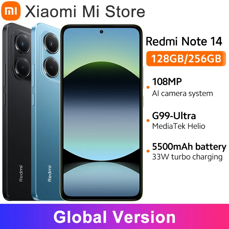 【Brand+】Global Version Xiaomi Redmi Note 14 MediaTek Helio G99-Ultra 108MP AI 5500mAh 6.67" AMOLED 120Hz Display