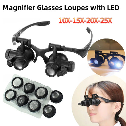 10X/15X/20X/25X LED Magnifier Glasses Magnifying Headband Eyewear for Reading Jewelers Watchmaker Repair Tools Magnifying Glass