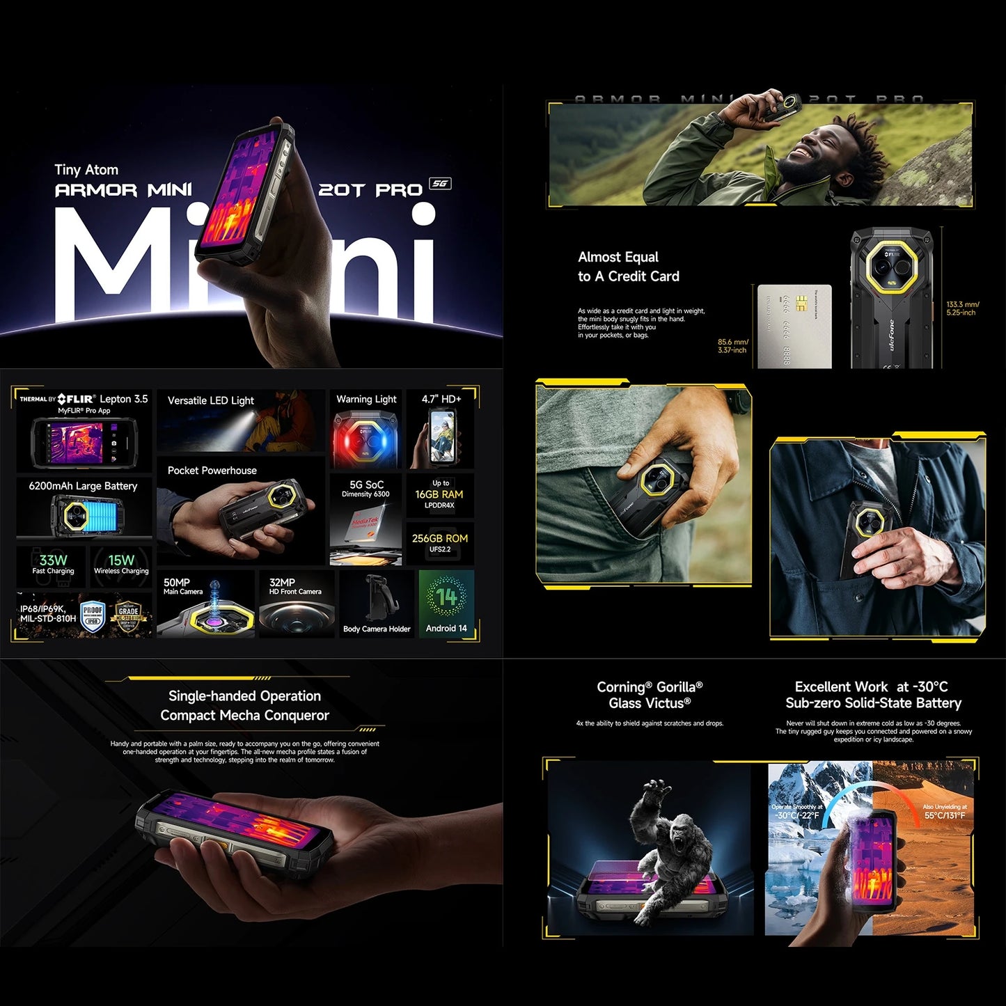 【World Premiere】Ulefone Armor Mini 20T Pro 5G  4.7" Display  Rugged Phone LED Light Android 14 Smartphone 6200mAh 16GB+256GB 33W