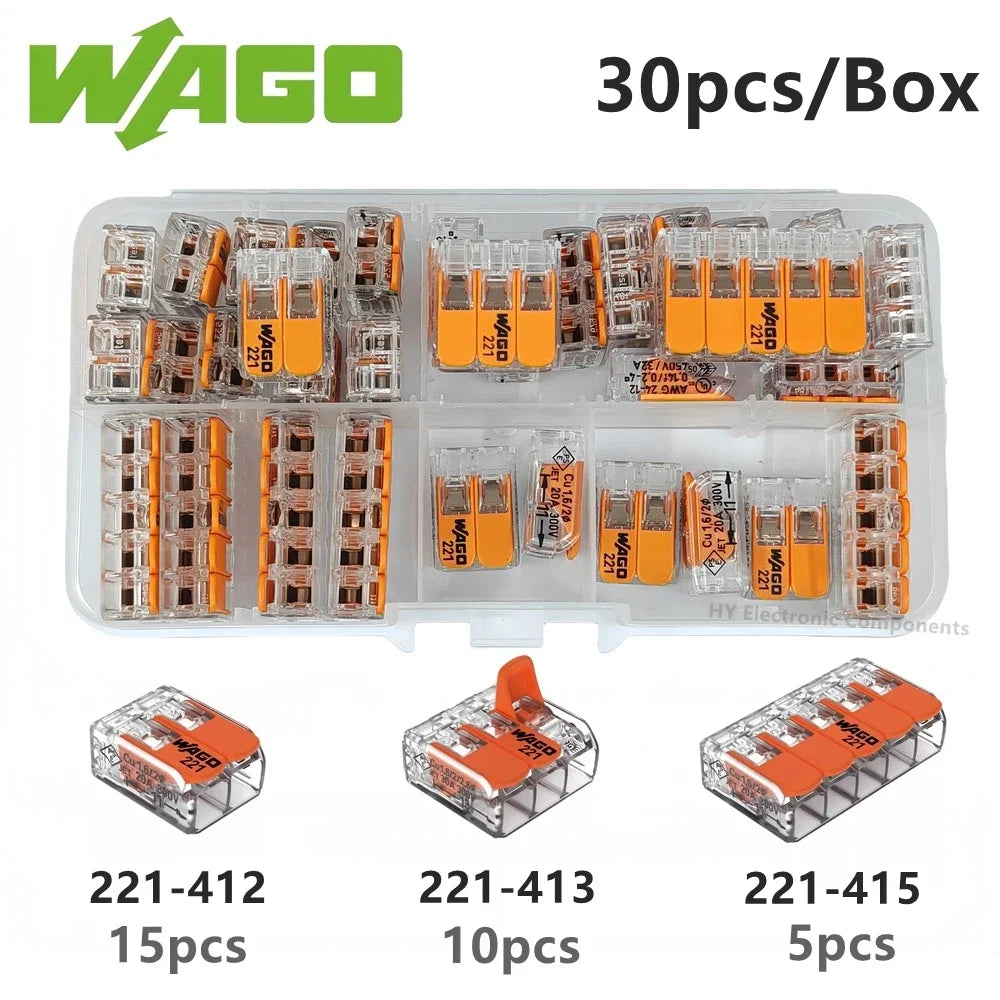 10pcs/30pcs Original WAGO Quick Wiring terminal 221-412 221-413 221-415 0.14-4mm² 2/3/5 holes Push-in Lever wire connector