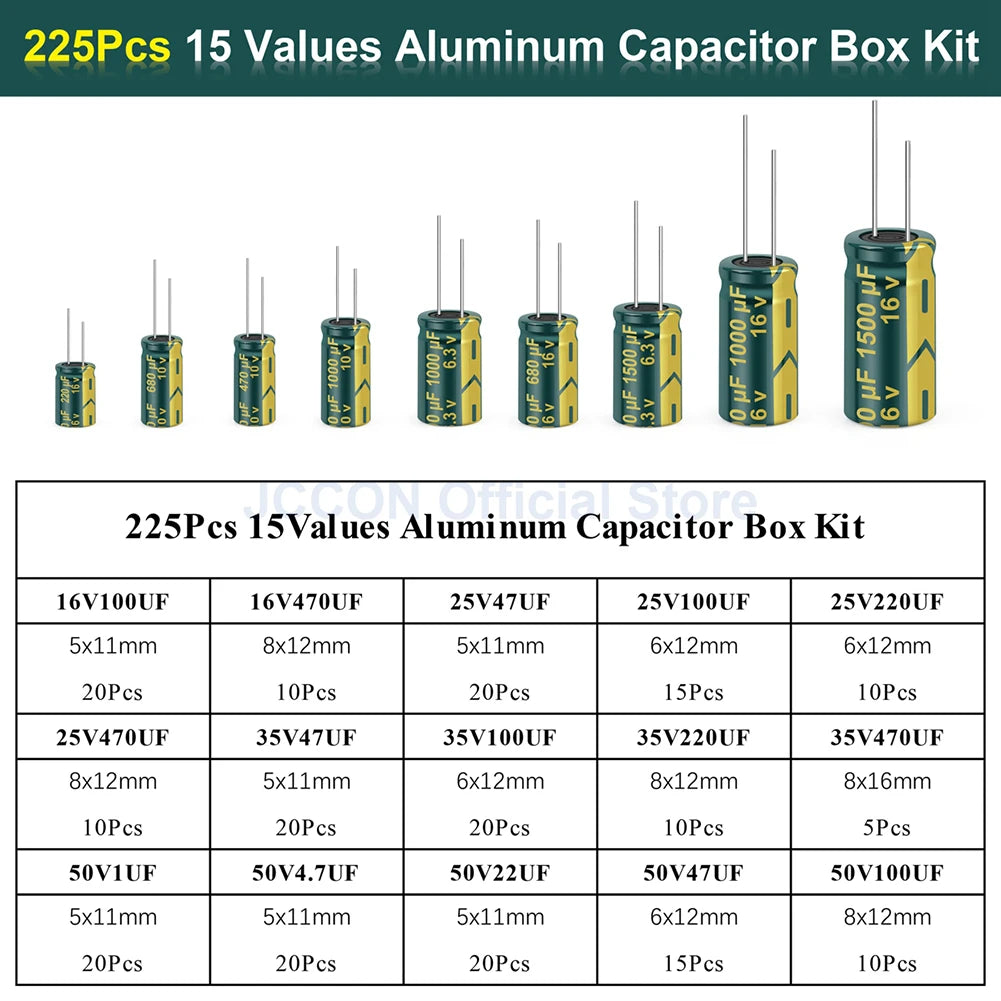 15 Values 225Pcs Aluminum Electrolytic Capacitors with Storage Box Aluminum Electrolytic Capacitors Assortment Kit