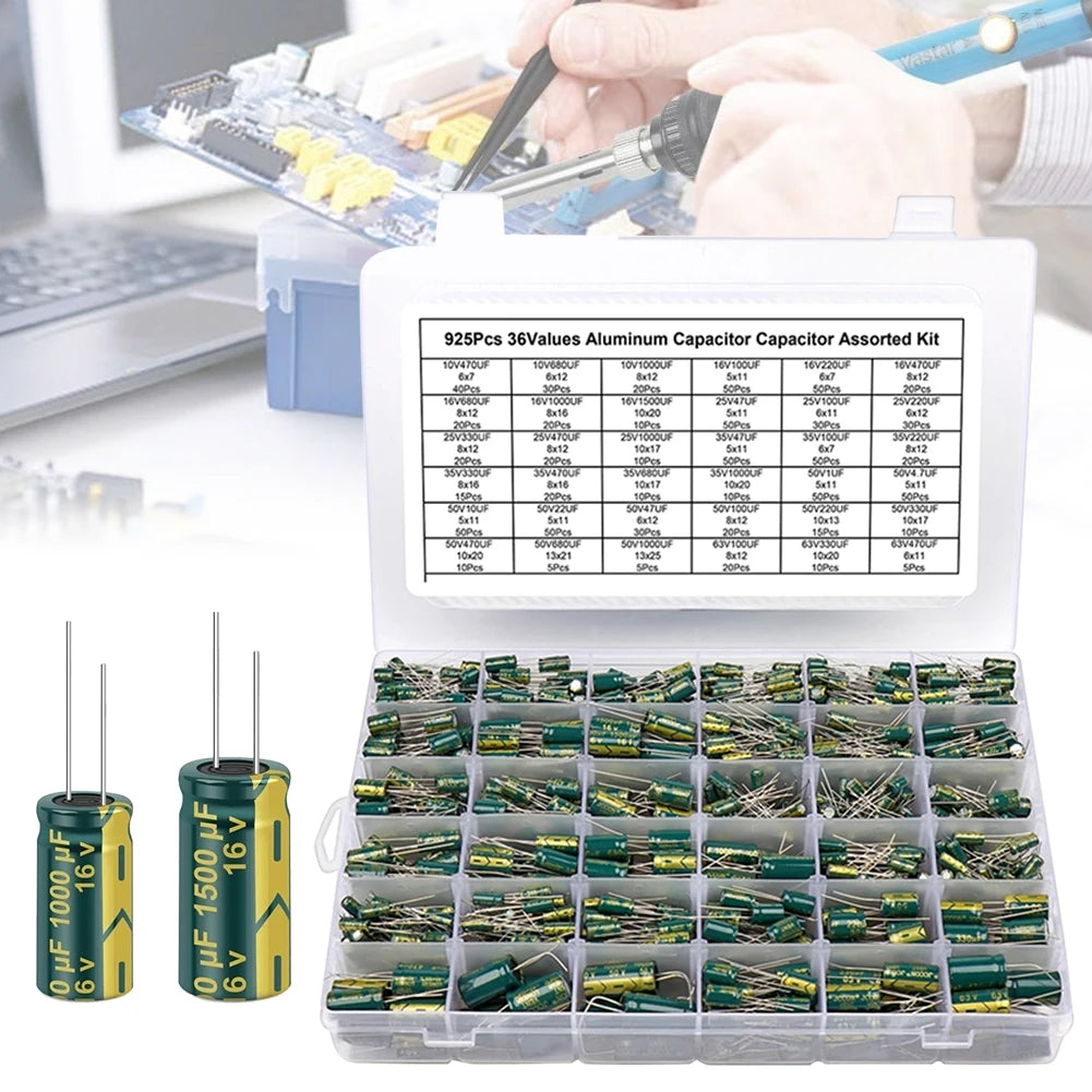 15/24/36 Values 225/460/925Pcs Aluminum Capacitors Set 16V-50V Aluminum Electrolytic Capacitors Assortment Kit for DIY Projects