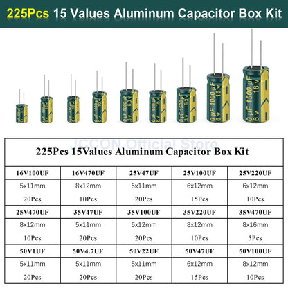 15/24/36 Values 225/460/925Pcs Aluminum Electrolytic Capacitors 16V-50V Electrolytic Capacitor Assortment Kit with Storage Box