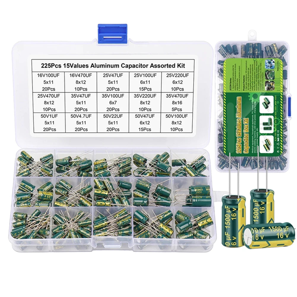 15/24/36 Values 225/460/925Pcs Aluminum Capacitors Set 16V-50V Aluminum Electrolytic Capacitors Assortment Kit for DIY Projects
