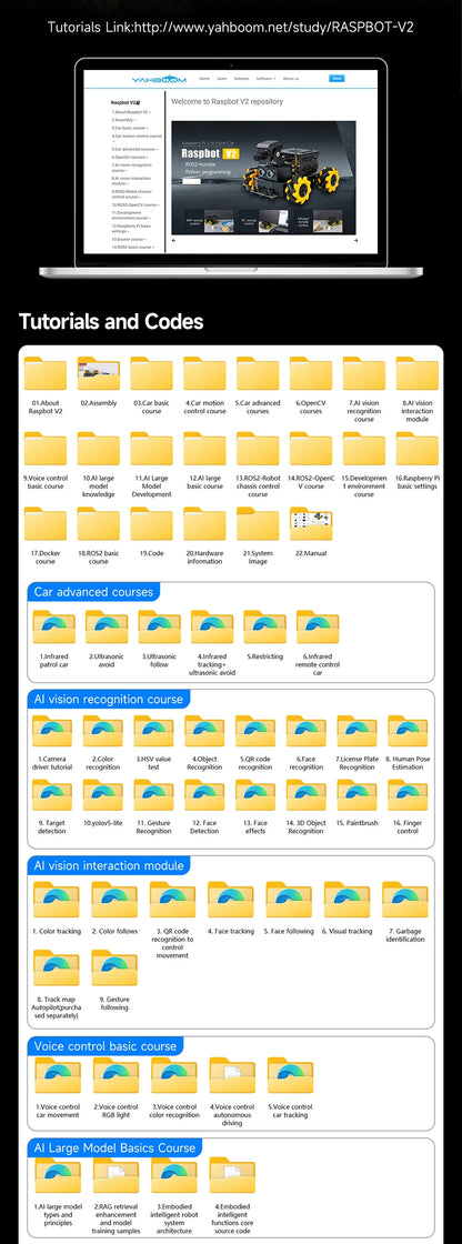 Yahboom Raspbot V2 AI Large Model Robot Car Kit with Camera Mecanum Wheel Toy Educational Python Programming for Raspberry Pi 5