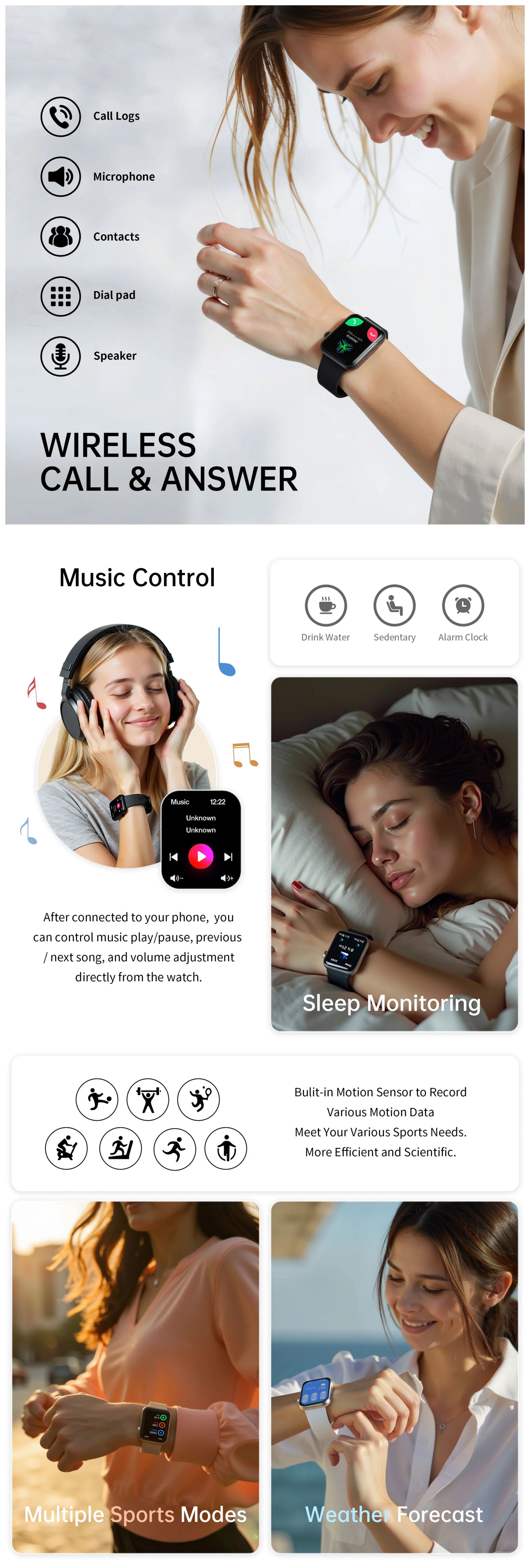 2.01'' Waterproof Smart Watch with Message Answer Call Sleep Monitoring Sports Pedometer Information Alerts For iPhone Android