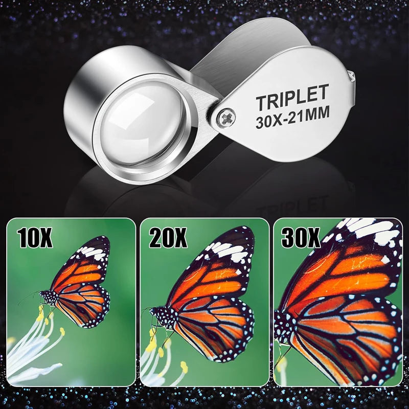 10-30X Pocket Loupe Magnifier Jewelry Magnifying Glass Foldable Diamond Lupa Triplet Jewelers Eye Glass Tool Reading Magnifiers