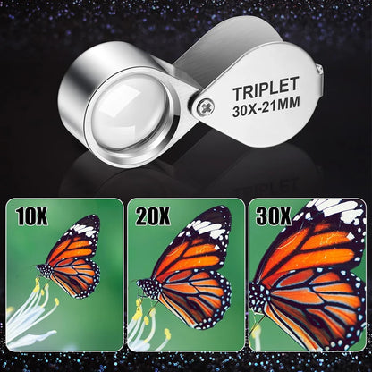 10-30X Pocket Loupe Magnifier Jewelry Magnifying Glass Foldable Diamond Lupa Triplet Jewelers Eye Glass Tool Reading Magnifiers