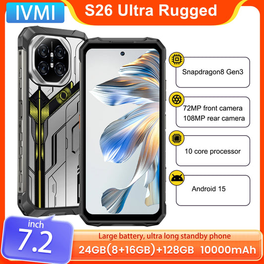 [World First] IVMI Durable S26 Rugged Smartphone 24GB+128GB RAM 90Hz 7.2-inch HD+Screen Android 15 108MP Main Camera 10000mAh