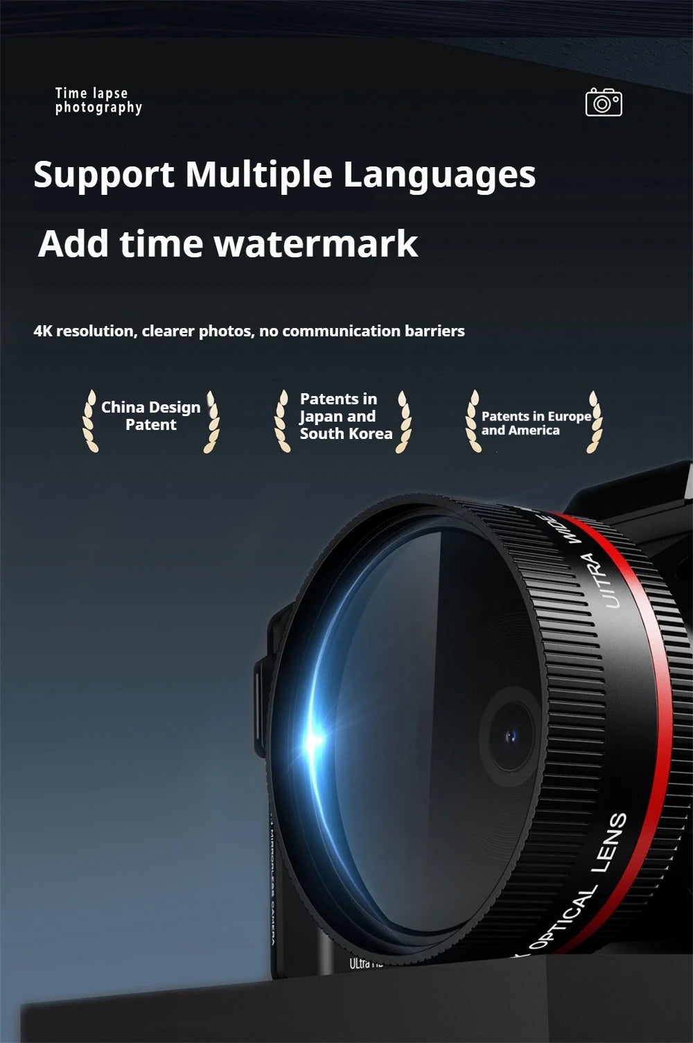 100D Dual-screen WIFI Monocular Camera 4K UHD 70MP Digital SLR Camera with Filters Flash Wide-Angle Lens 50X Zoom Auto Focus