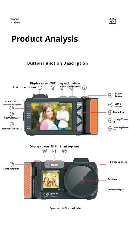 100D Dual-screen WIFI Monocular Camera 4K UHD 70MP Digital SLR Camera with Filters Flash Wide-Angle Lens 50X Zoom Auto Focus