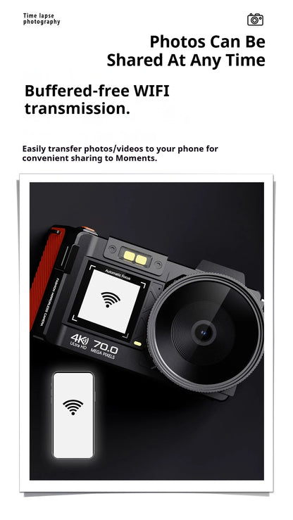 100D Dual-screen WIFI Monocular Camera 4K UHD 70MP Digital SLR Camera with Filters Flash Wide-Angle Lens 50X Zoom Auto Focus