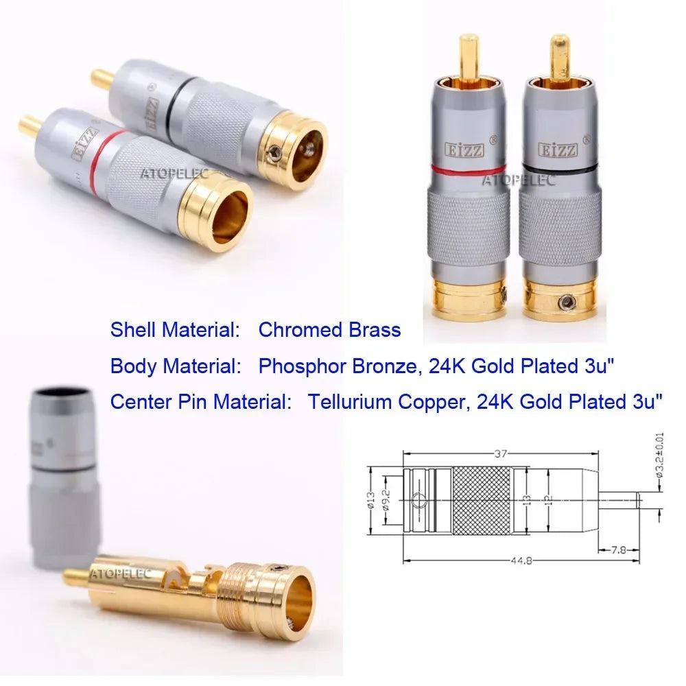 1 pair EIZZ 24K Gold/Thick Silver/Rhodium Plated Brass Male RCA Coaxial Plug Tellurium Copper Pin Hi-Fi Audio AMP CD DVD