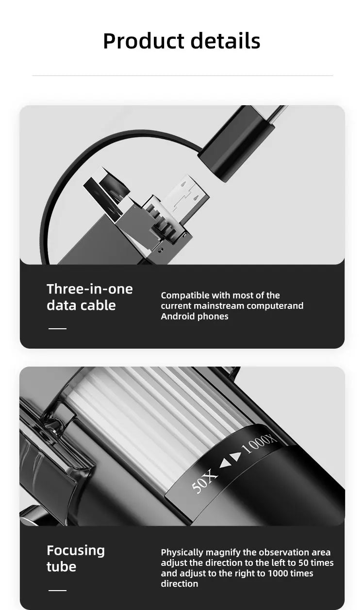 1600X 3in 1 Digital Microscope Camera Portable Electronic Microscope For Soldering LED Magnifier Type-C USB Charge Magnifier