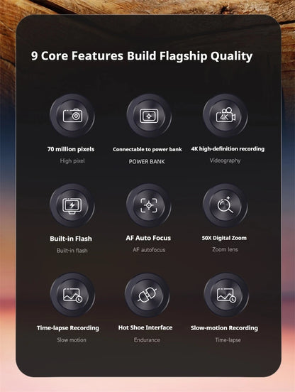 100D Dual-screen WIFI Monocular Camera 4K UHD 70MP Digital SLR Camera with Filters Flash Wide-Angle Lens 50X Zoom Auto Focus