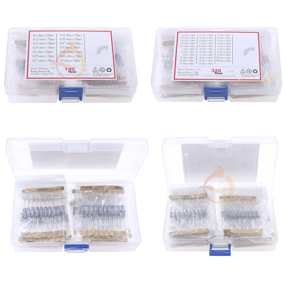 1/2W 1W Fuse Wirewound Resistor Mix kit Box 5color ring 0.1ohm 0.12R 0.15R 0.2R 0.33R 0.39R 0.47R 10ohm 22R 33R 47R 51R 82R 100R