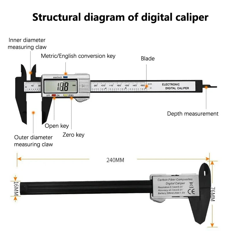 150mm Digital Caliper Stainless Steel Fraction / MM / Inch 0.1mm High Precision for Mechanical Components Measure