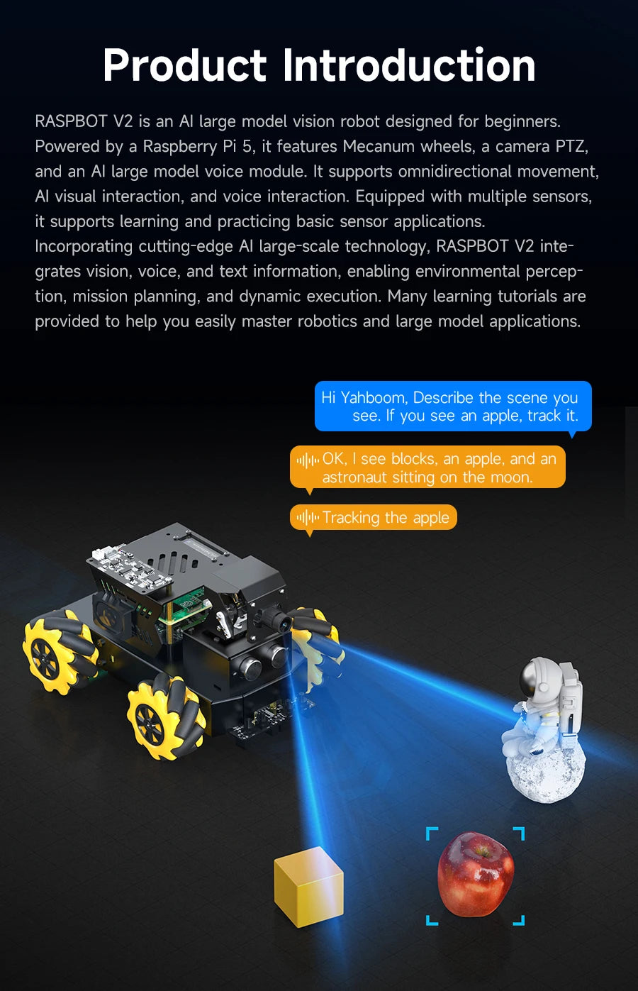 Yahboom Raspbot V2 AI Large Model Robot Car Kit with Camera Mecanum Wheel Toy Educational Python Programming for Raspberry Pi 5