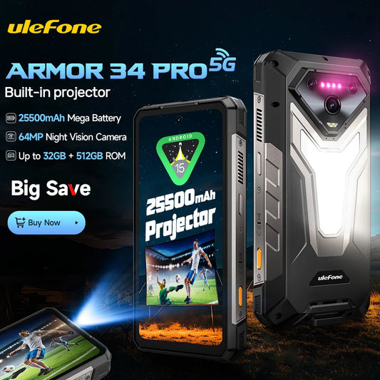 【2025 New】Ulefone Armor 34 Pro 5G AI Rugged Phone Smartphone Android 15 32GB+512GB 25500mAh Night Camera Built-in Projector