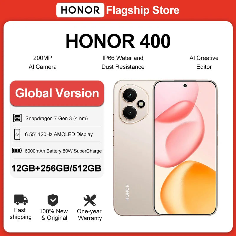 100% Original HONOR 400 Global Version 5G Smartphone 6.55" AMOLED Display Snapdragon 7 Gen 3 6000mAh Battery 80W SuperCharge NFC